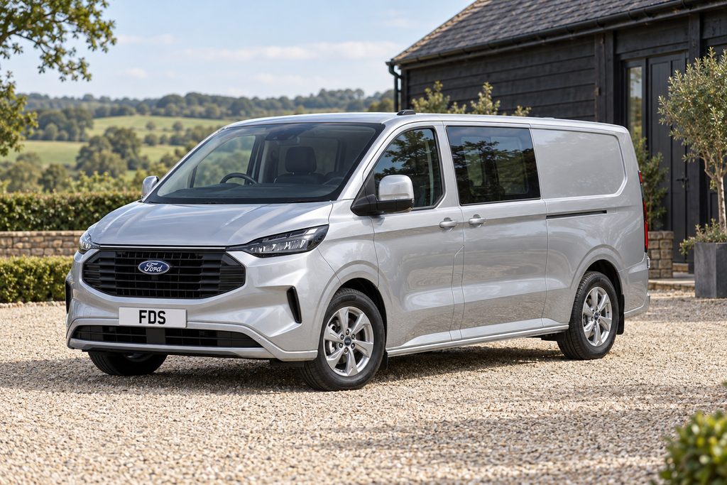 Ford Transit Custom Crew Van in Silver, No Styling, front three-quarter illustration
