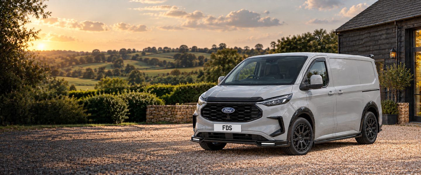 Ford Transit Custom Panel Van in grey with Signature styling, front three-quarter illustration, on a gravel forecourt beside a timber barn at sunset
